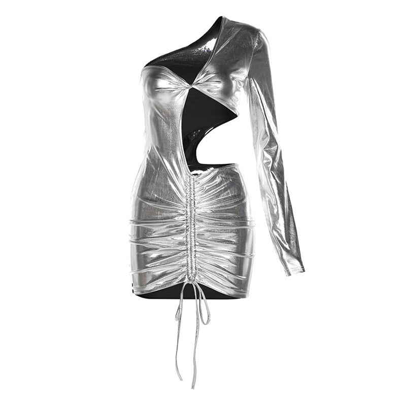 Metallic Coated fabric Spring Women  Clothes Personalized Single Sleeve Hollow Out Cutout Sexy Spicy Pleating Bright Color Dress