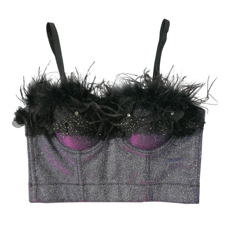 Camisole Women Outer Wear Independent Stand Sexy Feather Wrapped Chest Colorful Flash Vest