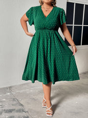 Plus Size Summer Green V Collar Polka Dot Waist Dress Women