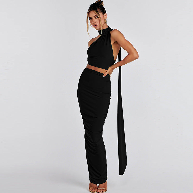 Women  Clothing Summer Backless Tube Top Slim Pleated Skirt Set