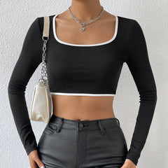 Sexy cropped Autumn Winter Long Sleeve T shirt Women Stitching Contrast Color Inner Wear Bottoming Shirt
