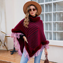 Fur Collar Pullover Tassel Knitted Cape for Women Autumn Winter Stripe Warm Shawl