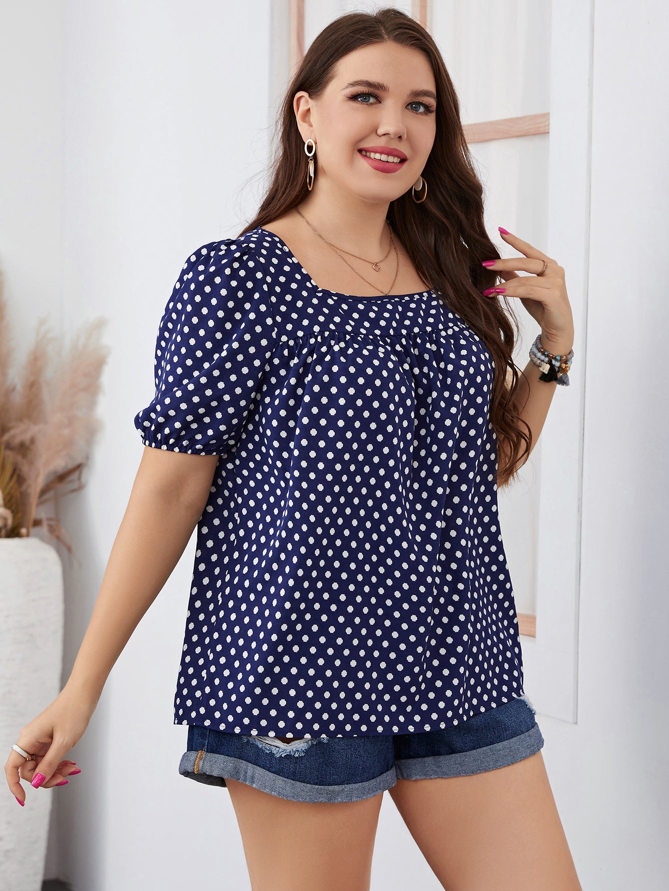 Plus Size Autumn Chiffon Short Woven round Neck Plaid Office Korean Pullover Polka Dot Women Blouse