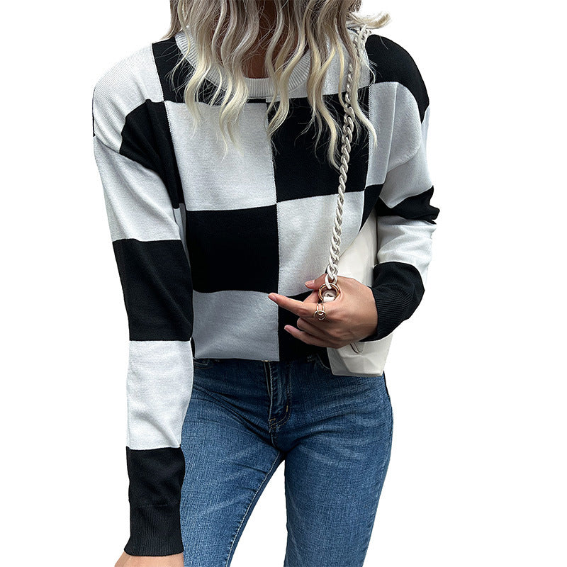 Autumn Winter Women Wear Long Sleeve Black White Checkerboard Plaid Sweater