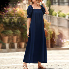 Spring Summer Puff Sleeve Square Collar Dress Solid Color Loose Casual Pocket Maxi Dress