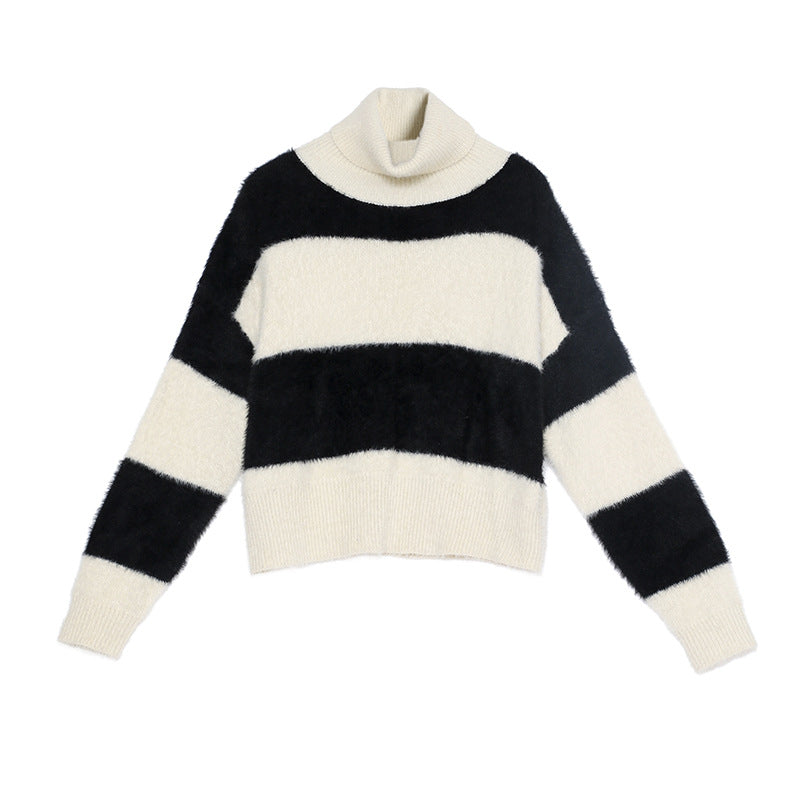 Coral Fleece Autumn Winter Turtleneck Striped Sweater Women Bottoming Sweater Women