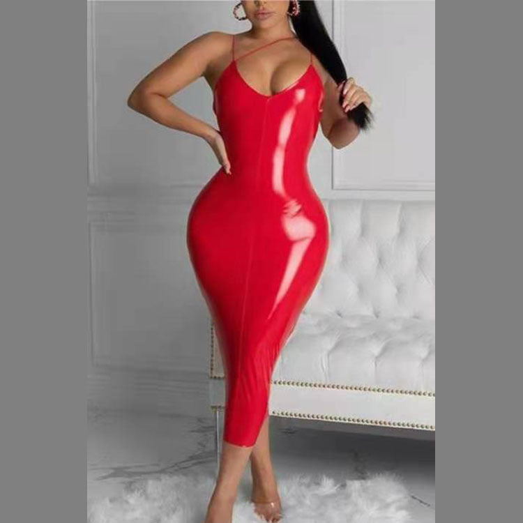 Plus Size Women Clothing plus-Sized Fall Winter Fashion Leather Cami Dress