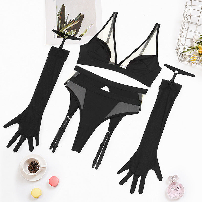 Underwear Sexy Sheer Mesh Joint Sexy Gloves Four Piece Set