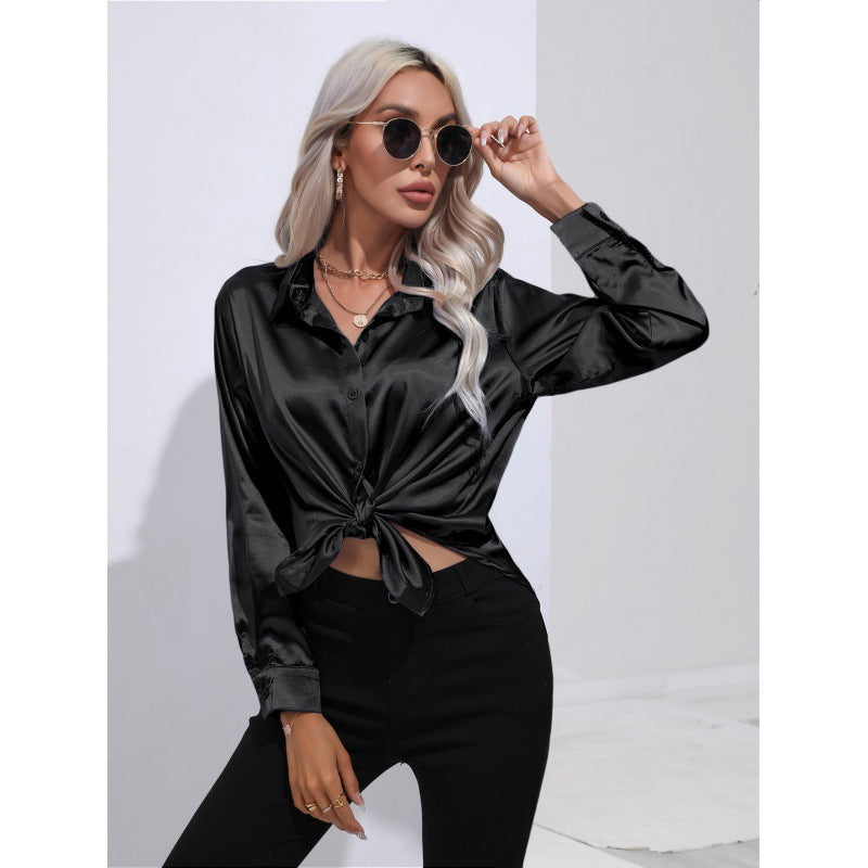 Satin Shirt Women Satin Artificial Silk Long Sleeve Shirt Spring Summer Women