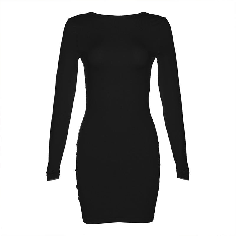 Autumn Winter Women Clothing Long Sleeve Sexy Backless Slim Fit Solid Color Sheath Dress