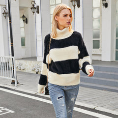 Coral Fleece Autumn Winter Turtleneck Striped Sweater Women Bottoming Sweater Women