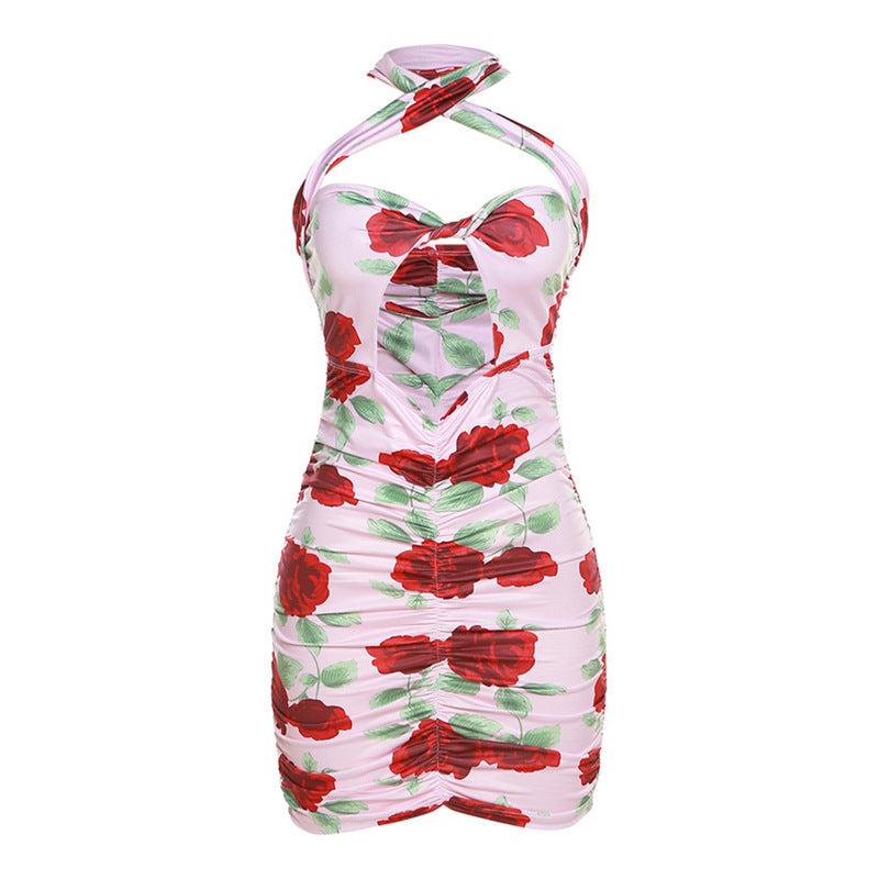 Summer Women Clothing Printed Lace up Backless Slim Fit Sheath Dress for Women