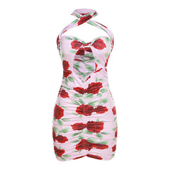 Summer Women Clothing Printed Lace up Backless Slim Fit Sheath Dress for Women