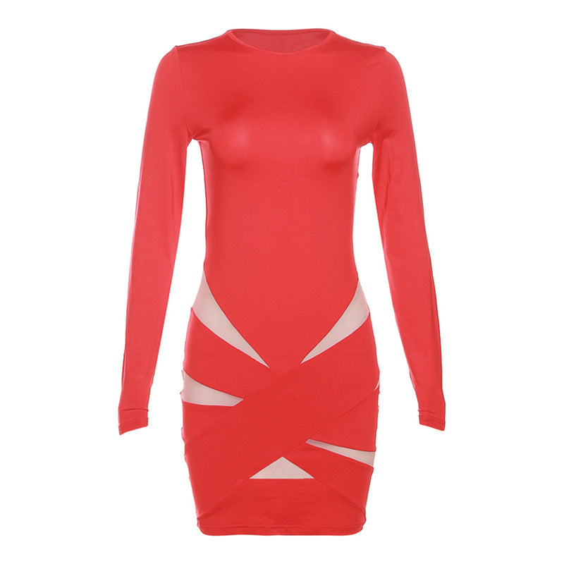 Autumn Winter Women round Neck Long Sleeve Sexy Cutout Mesh Slim Fit Sheath Dress