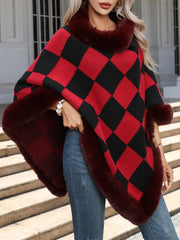 Autumn Winter Fur Collar Plaid Frayed Cardigan Shawl Knitted Coat