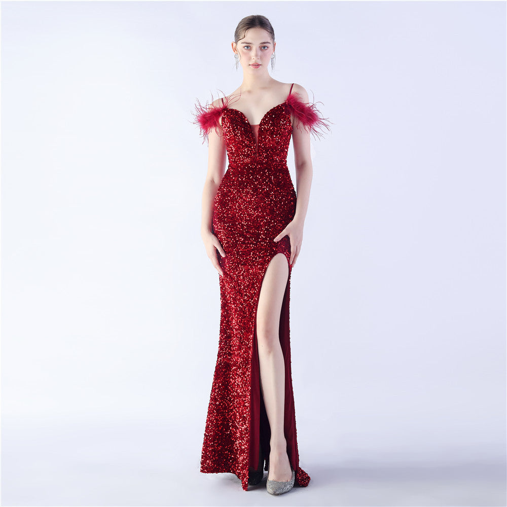 Craft Order Ostrich Feather High Density Sequined Long Evening Dress