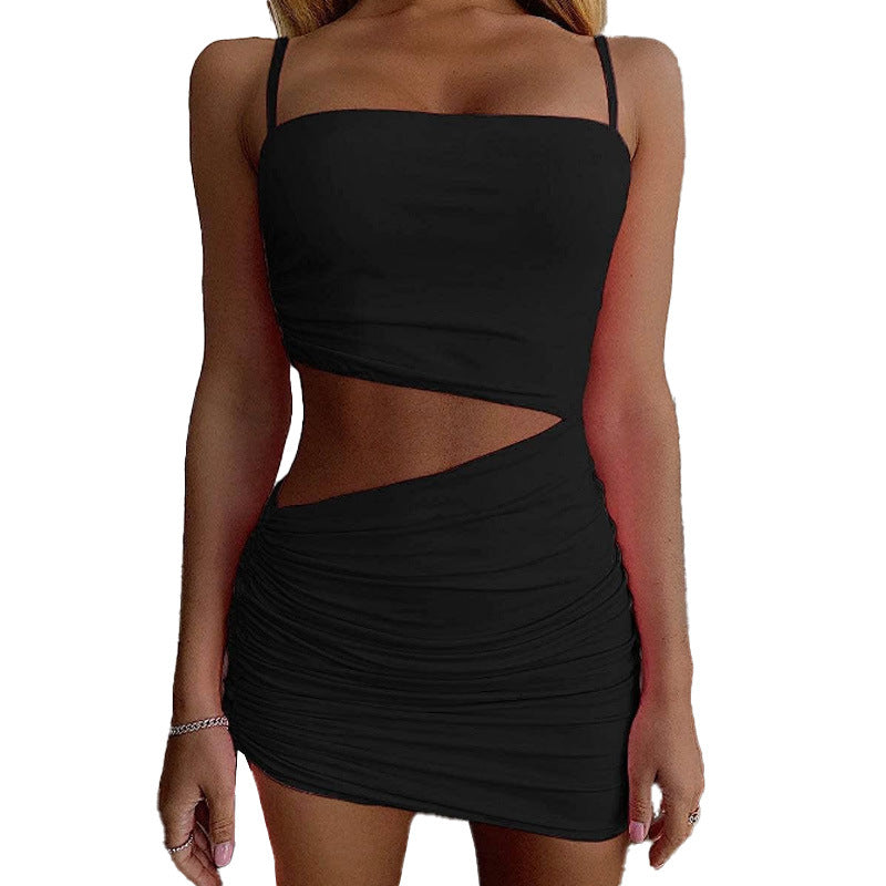 Women  Sexy Suspender Tight Dress Ruched Dignified Hollow Out Cutout Hip Dress