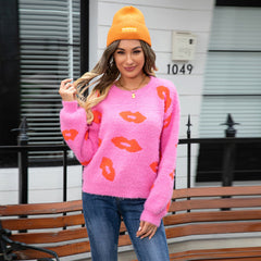 Autumn Winter Women Lips Valentine Day Sweater Round Neck Pullover Love Sweater