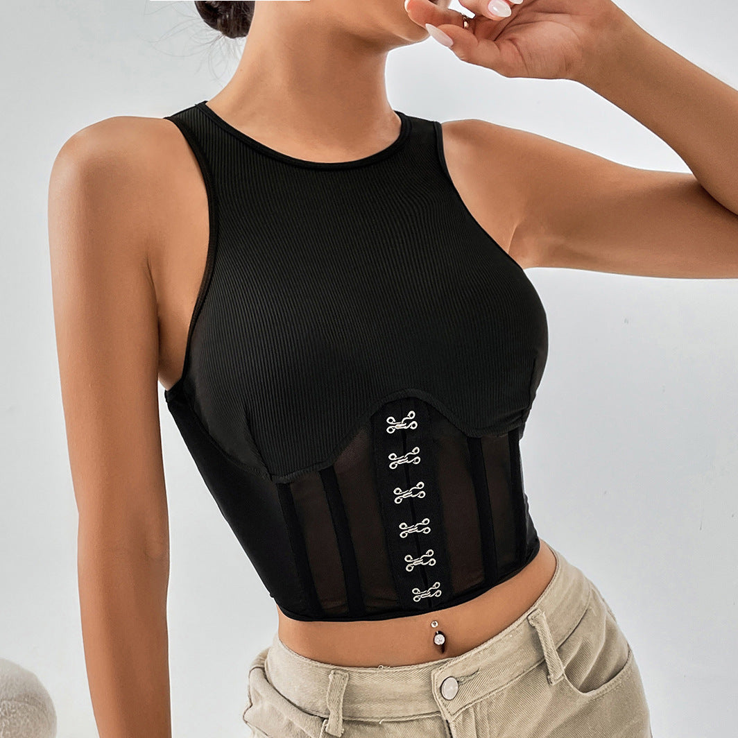 Women Clothing See through Stitching Short Mesh Top Metal Decoration Boning Corset Girdle Vest for Women