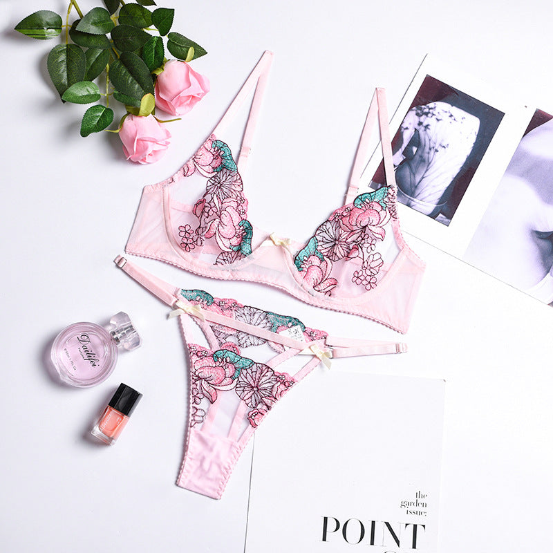 Summer Arrival Women Clothes Lace Floral Border Mesh Embroidery Floral Sexy Underwear Two-Piece