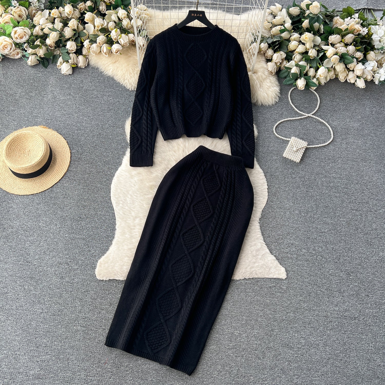 French Retro Minority Long Sleeve round Neck Twist Knitted Top High Waist Slimming Sheath Split Skirt Set