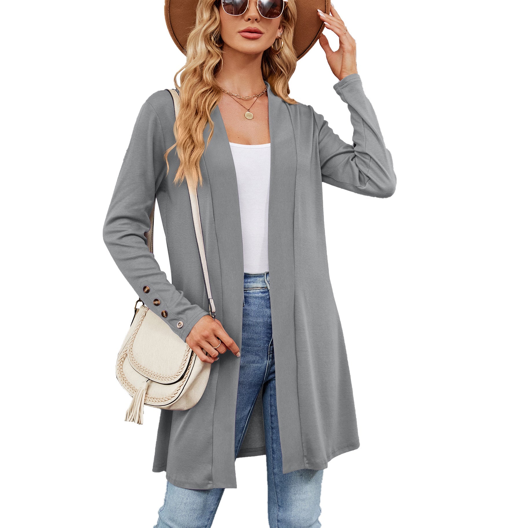 Autumn Winter Solid Color Buttons Loose Long Sleeve Cardigan Knitted Coat Women