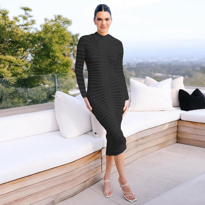 Fall Women  Clothing Long Sleeve round Neck Slim Fit Sheath Elegant Knitted Bottoming Dress