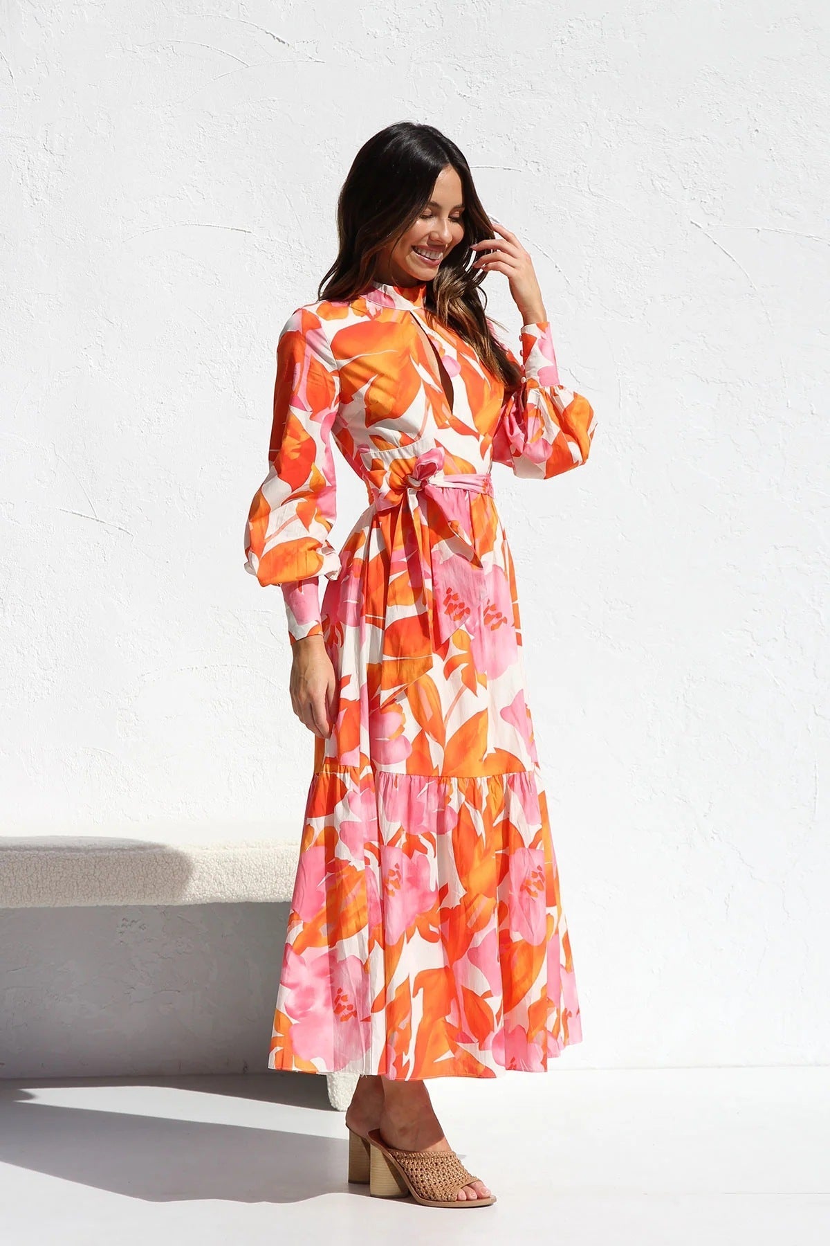 Years Printed Pleated Oversized Swing Waist Lantern Sleeve Maxi Dress