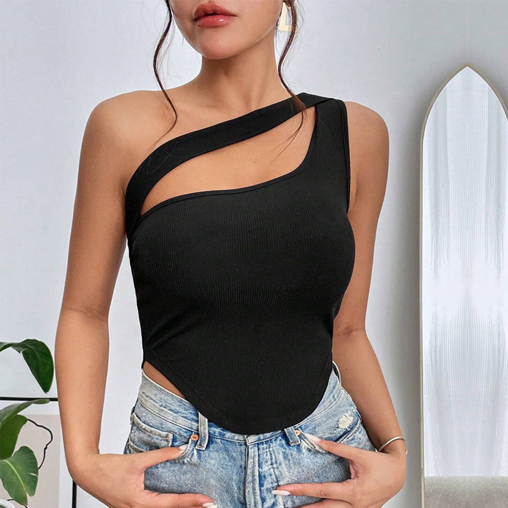 Women Clothing Slim Fit Ultra Short Irregular Asymmetric Hem Shoulder Wrapped Chest Vest Hollow Out Cutout Top