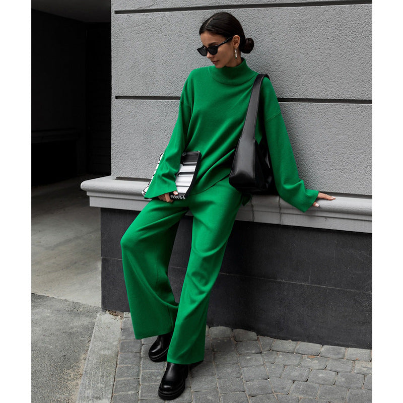 Half Turtleneck Irregular Asymmetric Sweater Suit Elegant Beveled Sweater Knitted Wide Leg Pants