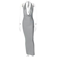 Summer Elegant Sexy V neck Halter Backless Slim Sleeveless Dress