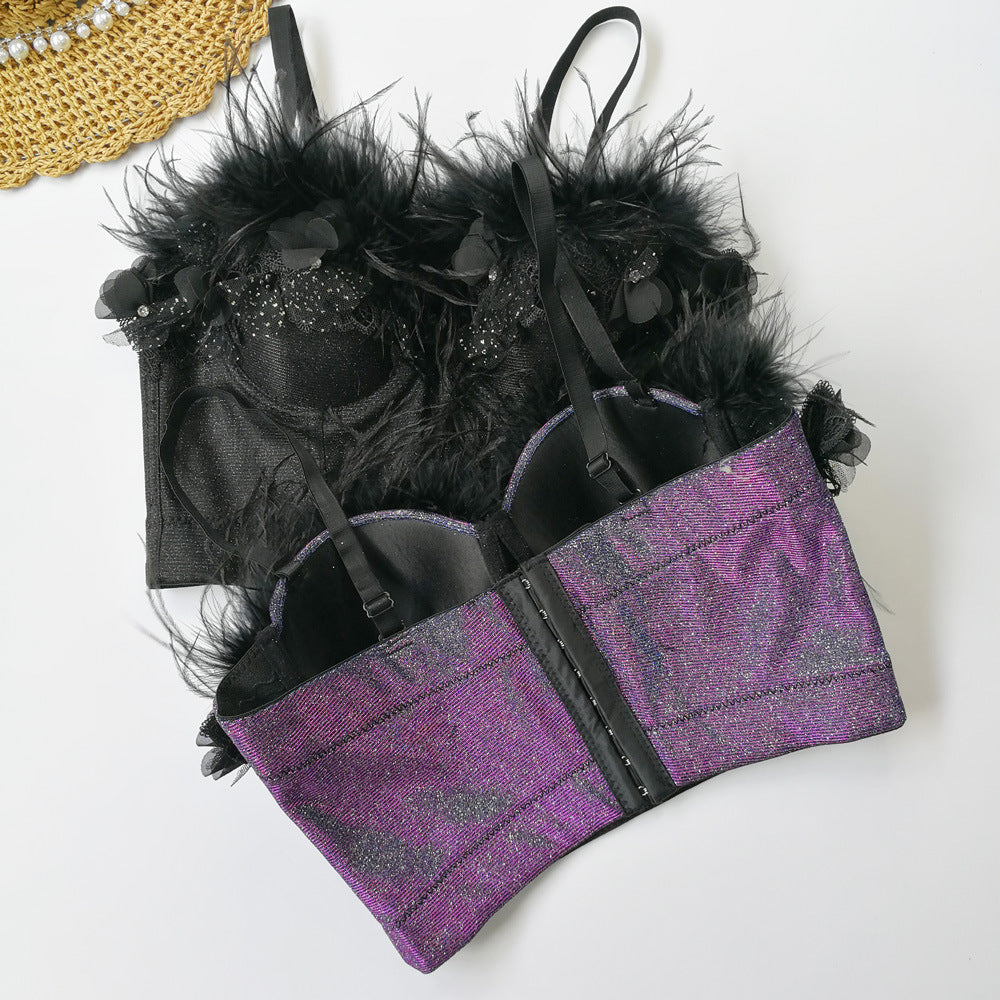 Camisole Women Outer Wear Independent Stand Sexy Feather Wrapped Chest Colorful Flash Vest