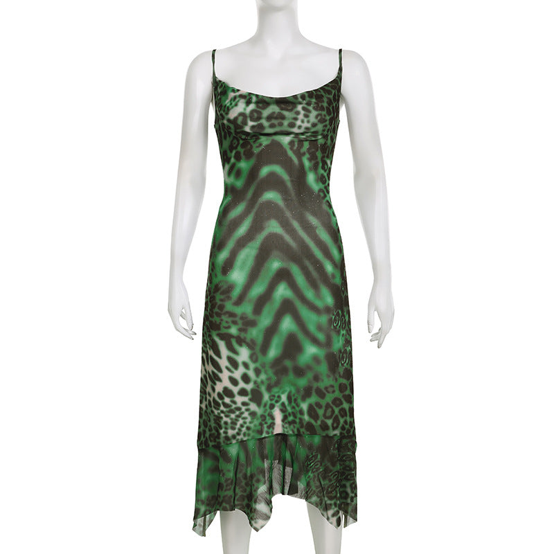 Sexy Lace Stitching Retro Printed Design Back Cross Strap Cami Dress