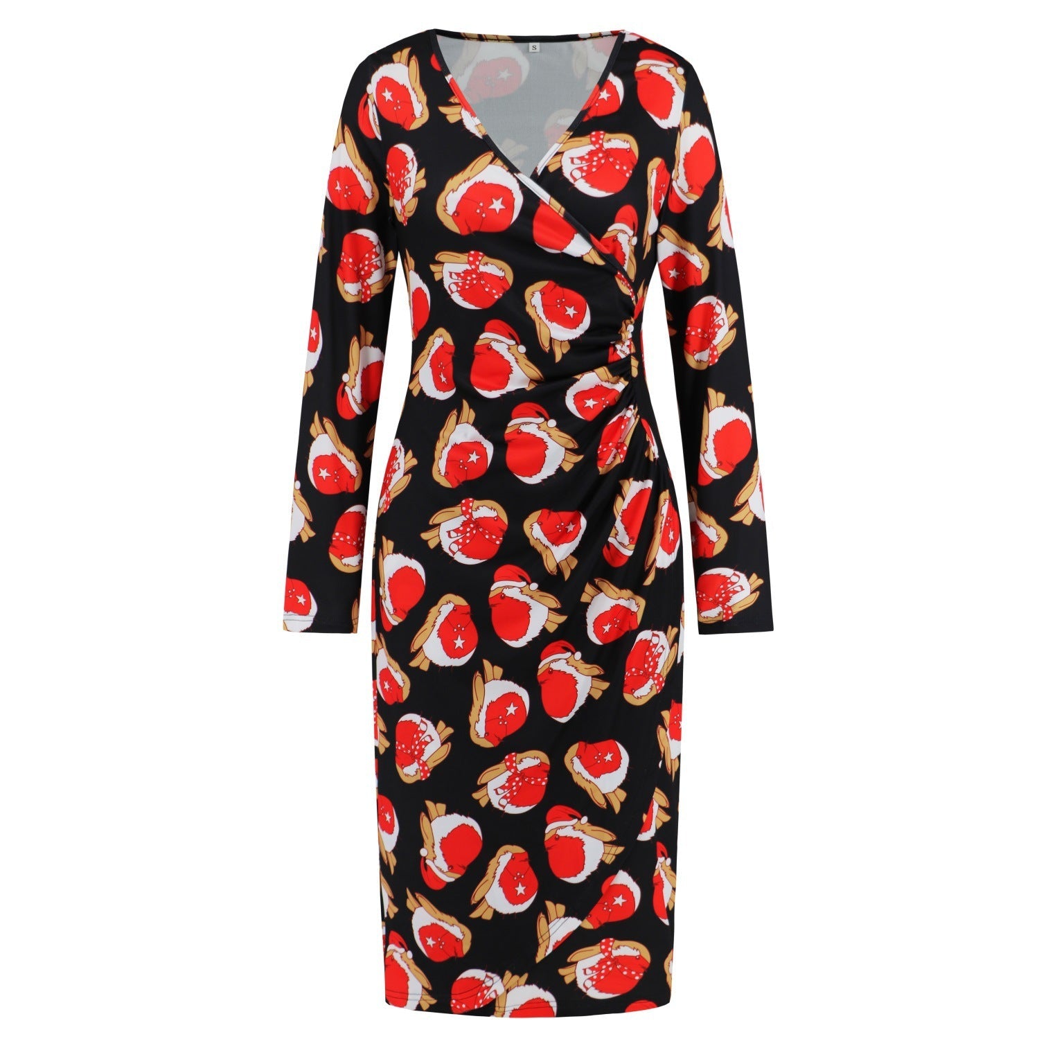 Christmas Printed Dress V Neck Slimming Slim Fit Dress Autumn Winter Women Clothing