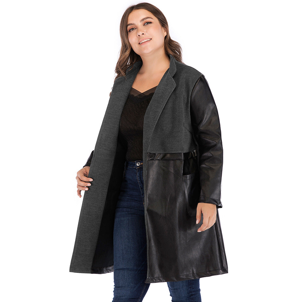 Plus Size Autumn Winter  Women Clothing Black Long Stand-up Collar Slim Fit Faux Leather Coat Women Coat