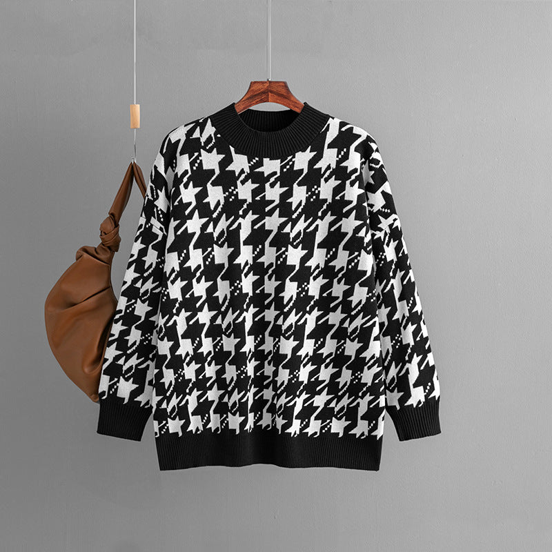 Autumn Winter Houndstooth Knitted Pullover Round Neck Loose Fitting Oversized Sweater Women