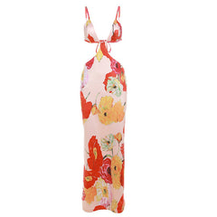 Summer Women  Clothing Suspenders Sexy Low Cut Hollow Out Cutout Backless Slim Print Dress