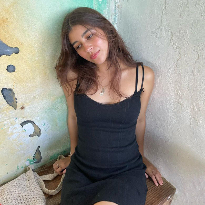 Sexy Lace V neck Backless Strap Cotton Dress for Women