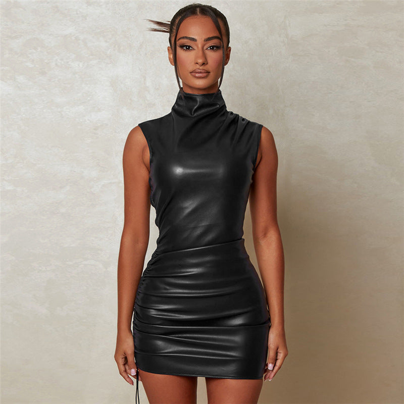 Autumn Winter Women Clothing round Neck Sleeveless Slim Drawstring Bag Hip Faux Leather Dress