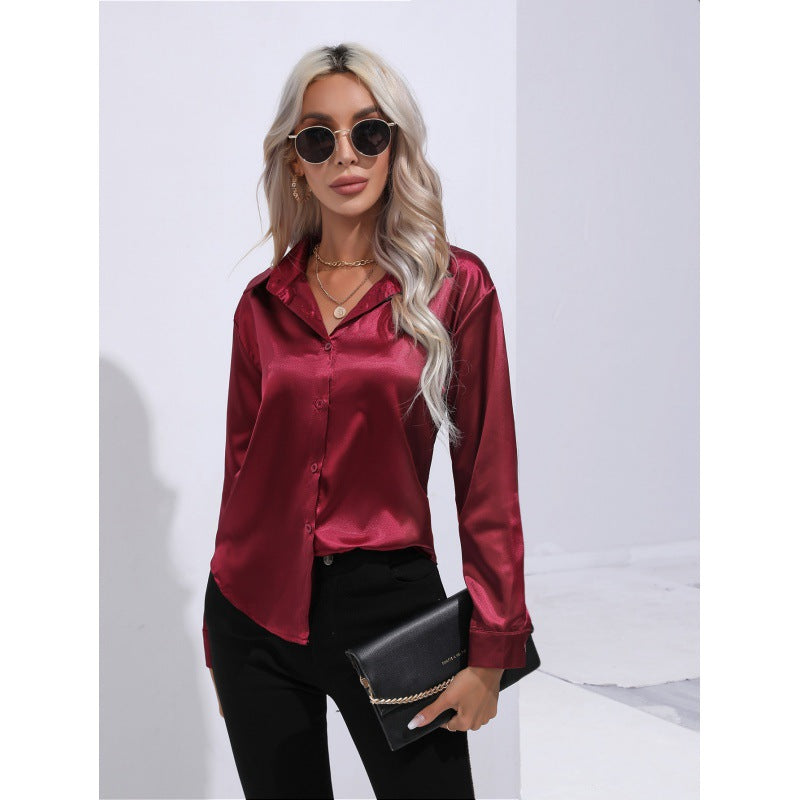 Satin Shirt Women Satin Artificial Silk Long Sleeve Shirt Spring Summer Women