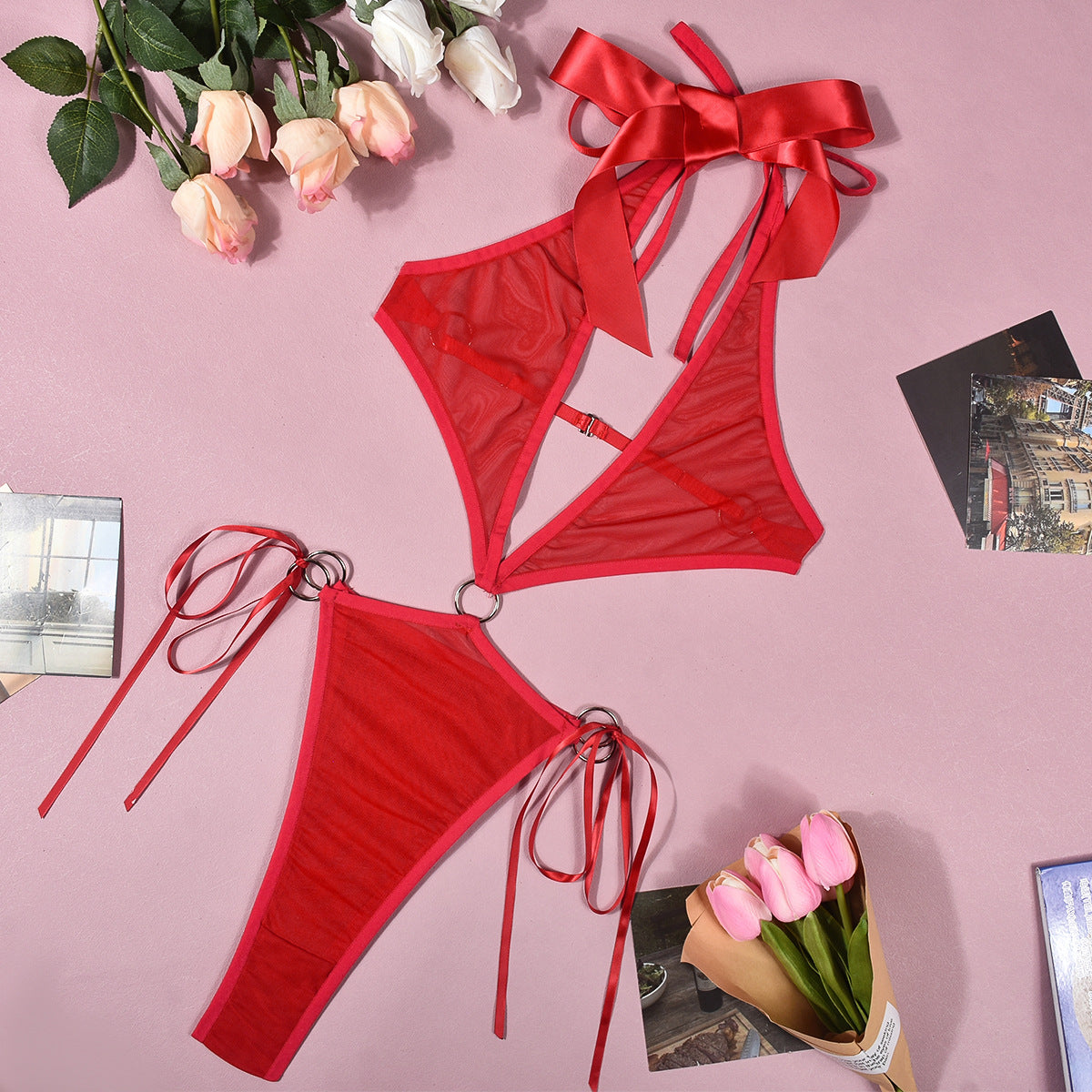 Lingerie Sexy Mesh Temptation Halter Cut-out Cropped Outfit One Piece Sexy Lingerie