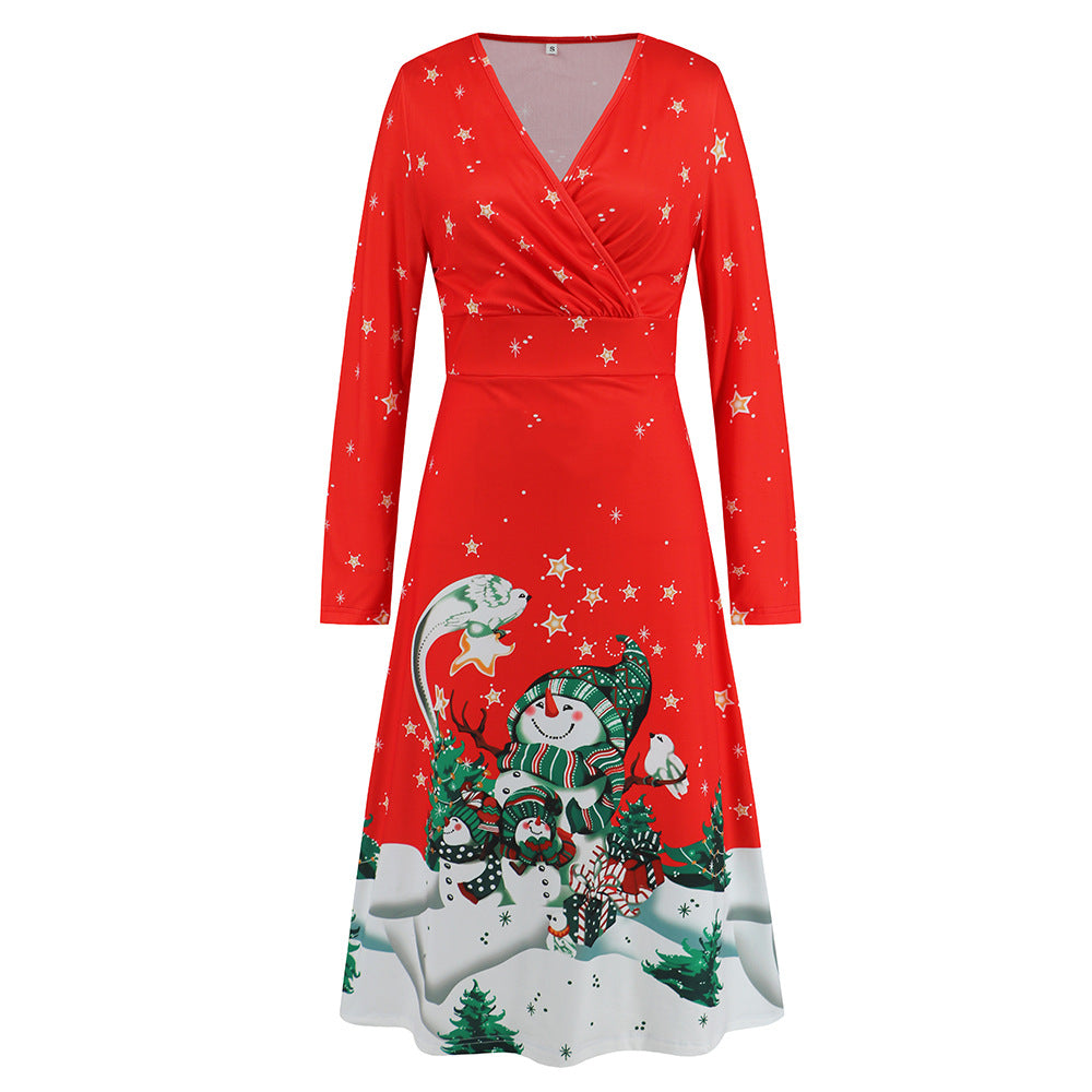 Women V Neck Long Sleeved Christmas Printed Dress Sexy Christmas Dress Year Party Play Maxi Dress