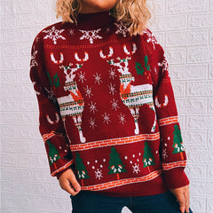 Autumn Winter Christmas Theme Elk Snowflake Christmas Tree Knitted Sweater Pullover Women