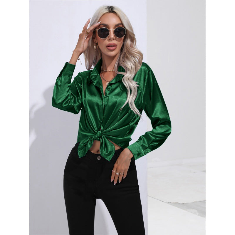 Satin Shirt Women Satin Artificial Silk Long Sleeve Shirt Spring Summer Women