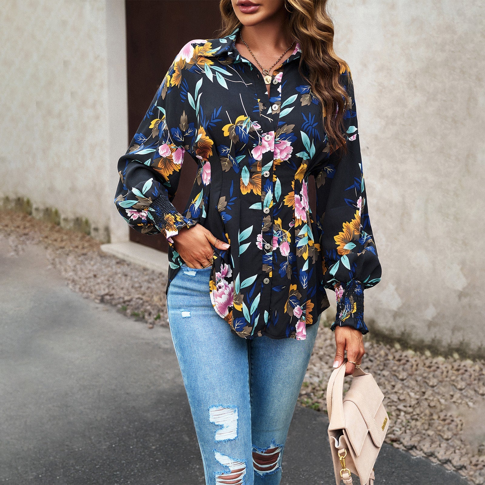 Women Clothing Autumn Winter Office Printed Long Sleeve Shirt