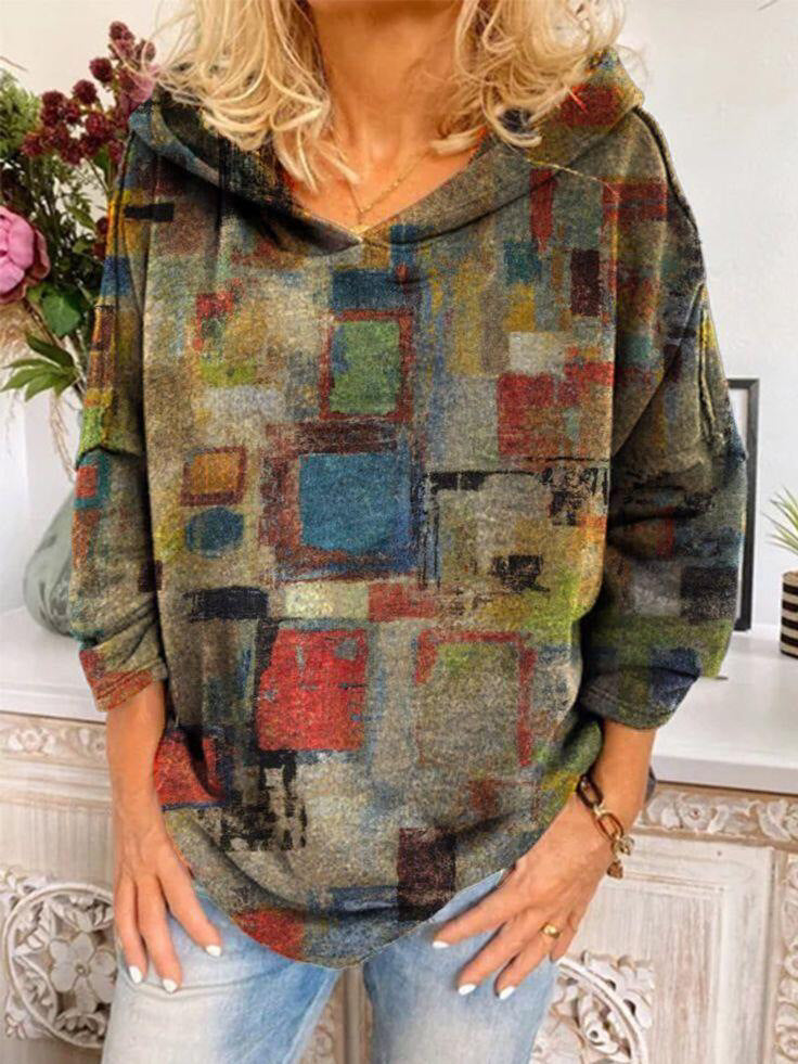 Plus Size Autumn Winter Women Loose Printed Long Sleeve Hooded Sweater