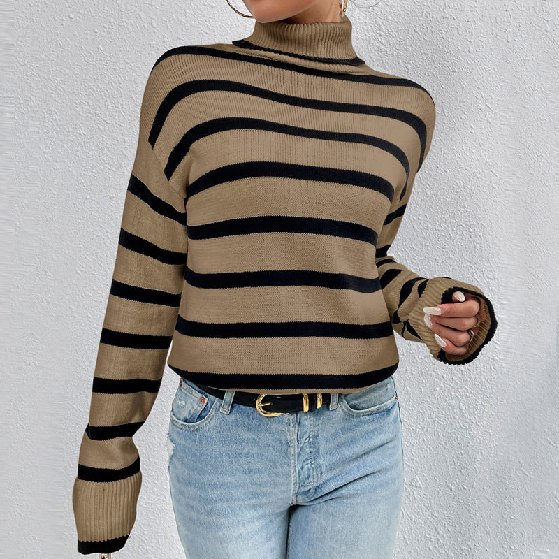 Contrast Color Striped Sweater Women Fall Winter Slim Inner Knitted Top High Collar Bottoming Sweater