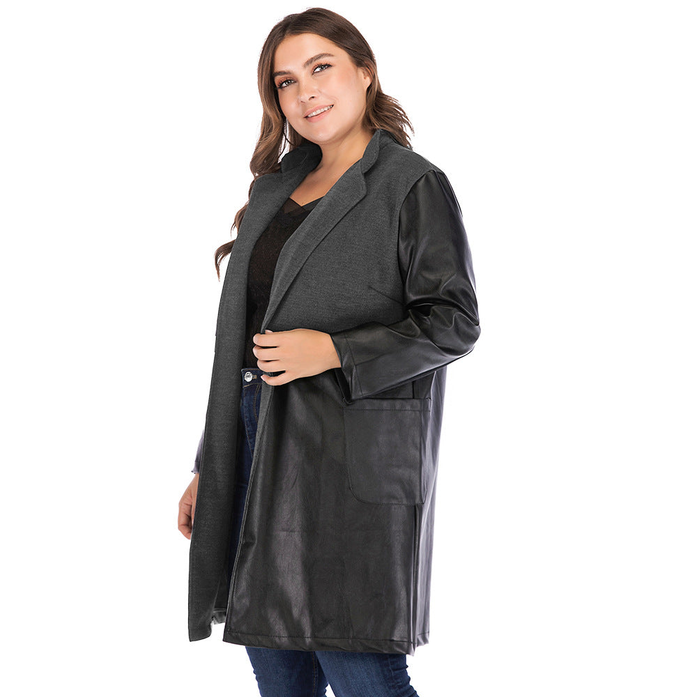 Plus Size Autumn Winter  Women Clothing Black Long Stand-up Collar Slim Fit Faux Leather Coat Women Coat