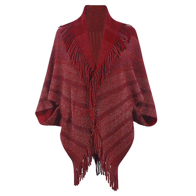 Tassel Inverness Women Autumn Winter Knitted Striped Cloak Women