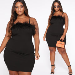 Plus Size Women Clothing Internet Sexy Suspender Feather Plus Size Dress